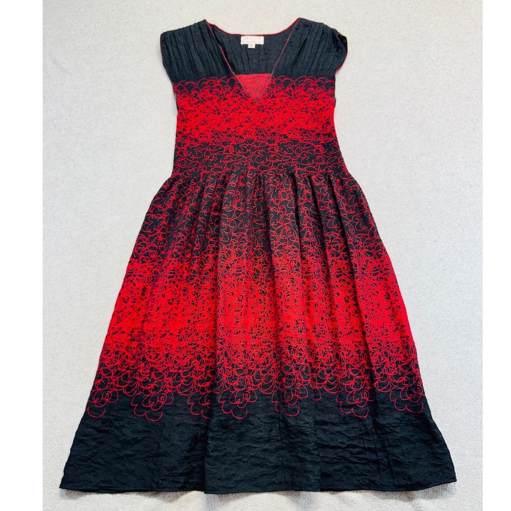 M.S.S.P. Black Red Embroidered Midi Dress Women's M‎ Cap Sleeve Boho Flowy Party